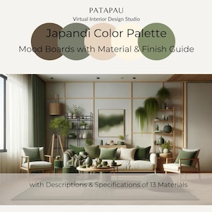 Paletas de colores Japandi / Tableros de estado de ánimo digitales con códigos CMYK, materiales y acabados / Inspiración de diseño de interiores minimalista