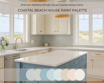 Sherwin Williams Coastal Beach House Colors, Whole House Paint Palette, Soft Blue Green Sandy Neutrals, Coordinating Colors Scheme