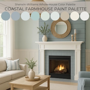 May include: A living room with a coastal farmhouse theme, featuring a fireplace, sofa, and accent chair. The color palette includes various shades of blue, green, and beige. The text "Sherwin-Williams Whole-House Color Palette COASTAL FARMHOUSE PAINT PALETTE" is displayed.
