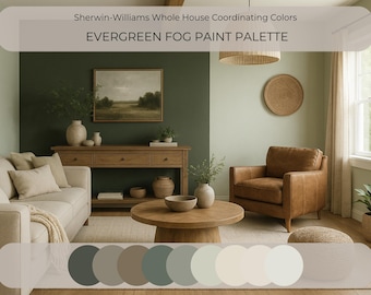 Sherwin Williams Evergreen Fog SW 9130, Whole House Paint Palette, Sage Green Modern Farmhouse, Coordinating Colors Scheme