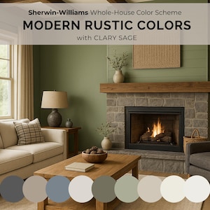 Sherwin Williams Clary Sage SW 6178, Whole House Paint Palette, Modern Rustic Farmhouse, Sage Green Coordinating Colors Scheme