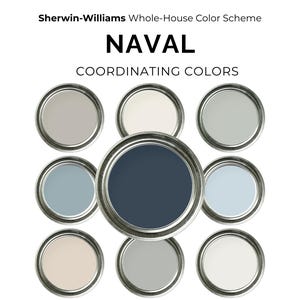 Sherwin Williams Naval Palette SW 6244 | Navy Blue Whole House Paint Scheme | Coastal & Modern Transitional Home Colors | Design Guide PDF