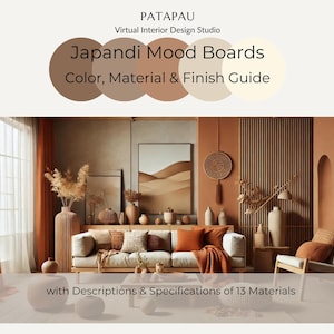 Tableros de estado de ánimo de Japandi / Paletas de colores, guía de materiales y acabados con descripciones y especificaciones detalladas