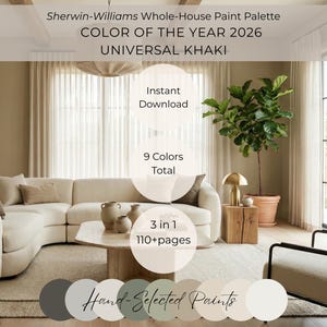 Sherwin Williams Universal Khaki SW 6150, Whole House Paint Palette, Color of the Year 2026, Modern Organic Coordinating Colors