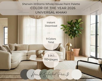 Sherwin Williams Universal Khaki SW 6150, Whole House Paint Palette, Color of the Year 2026, Modern Organic Coordinating Colors