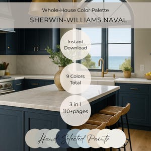 Könnte beinhalten: Eine Küche mit marineblauen Schränken, einer weißen Arbeitsplatte und einer Marmorrückwand. Das Bild enthält den Text "Whole-House Color Palette SHERWIN-WILLIAMS NAVAL", "Instant Download", "9 Colors Total", "3 in 1 110+ pages" und "Hand Selected Paints".