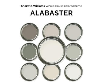 Sherwin Williams Alabaster SW 7008, Whole House Paint Palette, Warm White Modern Farmhouse Cottage, Coordinating Colors Scheme