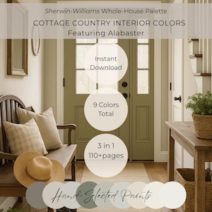 Puede incluir: Imagen de interiorismo de estilo rústico con un banco de madera, cojines y un sombrero de paja. La imagen muestra una puerta verde y una mesa de madera con una planta. El texto incluye "Sherwin-Williams Whole-House Palette" y "Cottage Country Interior Colors".