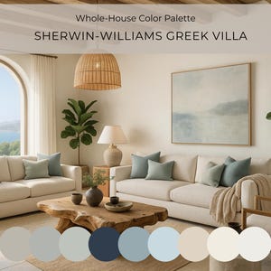 May include: A living room with a neutral color palette, featuring cream-colored sofas with blue-green pillows, a wooden coffee table, and a large painting. The text "SHERWIN-WILLIAMS GREEK VILLA" is displayed above a color palette.