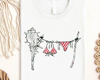 Sea Shell Bikini Shirt, Beach Bachelorette Summer Tee, Stripe Coastal Vacation T-Shirt, Bikini Ocean Sweatshirt, Summer Girl Beach Sweater
