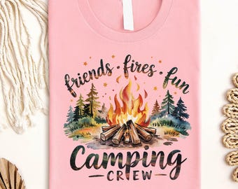 Friends Fires Fun Camping Crew Shirt, Campfire Bonfire Forest Graphic Tee, Outdoors Adventure Hiking T-Shirt, Cozy Cabin Trip Sweatshirt