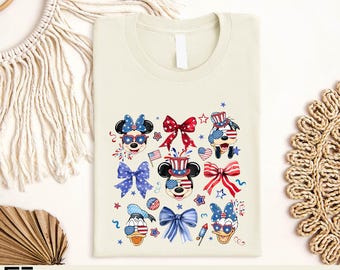 Disney Mickey And Friends Fourth Of July T-Shirt, Patriotic Coquette Bows USA Tee, Red White Blue Disney Family Matching Shirt