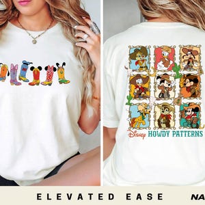 Disney Howdy Patterns T-Shirt, Cowboy Boots Graphic Tee, Mickey Minnie Donald Goofy Pluto Western Style Shirt, Retro Disney Cowboy Shirt