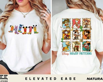 Disney Howdy Patterns T-Shirt, Cowboy Boots Graphic Tee, Mickey Minnie Donald Goofy Pluto Western Style Shirt, Retro Disney Cowboy Shirt
