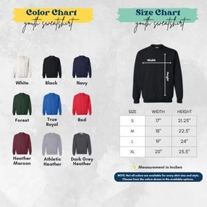 The image is a color chart and size chart for youth sweatshirts, displaying various color options and corresponding measurements.