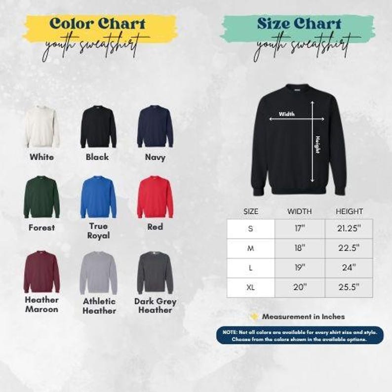 The image is a color chart and size chart for youth sweatshirts, displaying various color options and corresponding measurements.