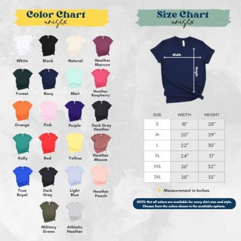 The image is a color chart and size chart for a variety of t-shirts, providing color options and corresponding measurements for each shirt.