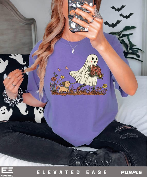 Cute Ghost Dog Walking Shirt, Floral Halloween Sweater, Fall Ghost