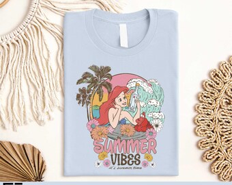 The Little Mermaid Summer Vibes Shirt, Disney Princess Ariel T-shirt, Disneyland Beach Trip Sweater, Disney World Girls Tee, Summer Vacation