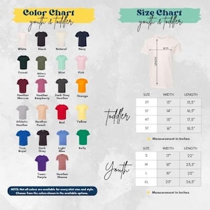 The image is a color chart and size chart for youth and toddler clothing, providing a visual representation of different shirt colors and corresponding measurements for various age groups.