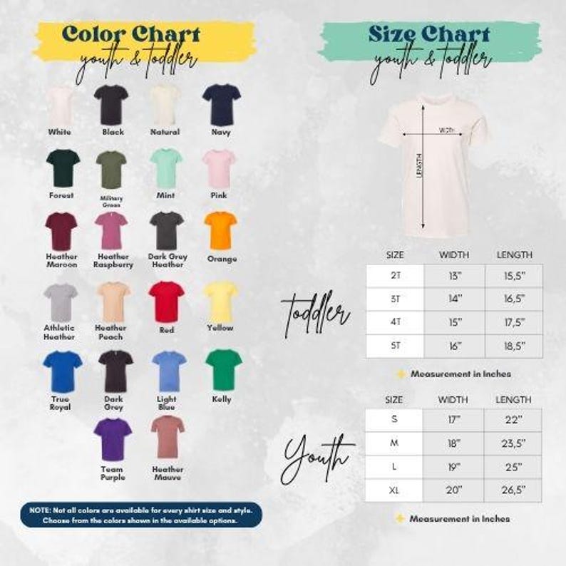 The image is a color chart and size chart for youth and toddler clothing, providing a visual representation of different shirt colors and corresponding measurements for various age groups.