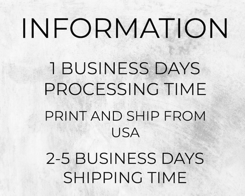 text that provides information about shipping and processing times. It states that the company operates on 1 business day for processing time, and they print and ship from the USA. The shipping time is 2-5 business days.