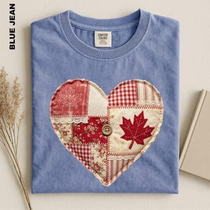 Faux Patchwork Canada Heart Shirt, Maple Leaf Quilt Tee, Vintage Canadian Cottagecore Top, Rustic Country Comfort Colors Canada Sweater