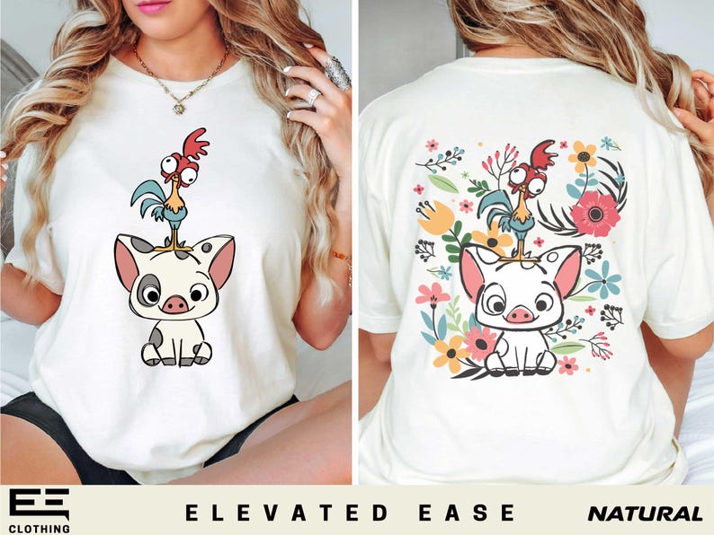 Disney Moana Princess Shirt, Hei Hei And Pua Floral T-shirt, Disneyland Moana Movie Sweatshirt, 2-Sided Disney World Tee, Vintage Disney Tee image 1