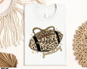 Game Day Leopard Football T-Shirt, Animal Print Bow Tee, Cute Game Day Shirt, Sparkle Football Graphic Gift, Sports Fan Weekend Sweatshirt