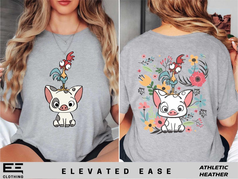 a woman wearing a t - shirt with an image of a pig and rooster on