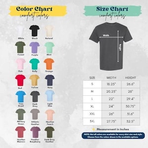The image is a color chart and size chart for a t-shirt, providing a visual representation of the different color options and corresponding measurements for various shirt sizes.