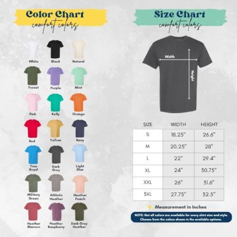The image is a color chart and size chart for a t-shirt, providing a visual representation of the different color options and corresponding measurements for various shirt sizes.