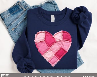Valentine Patchwork Heart Shirt, Faux Patchwork Quilted Hearts Tee, Quilter Valentine Sweatshirt, Floral Gingham Sewing Lover Gift