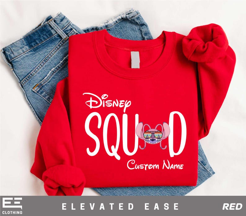 a red shirt with the name of a character on it and a pair of jeans