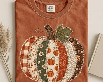 Sudadera con estampado de calabazas otoñales de patchwork sintético, camiseta de otoño y Acción de Gracias de Comfort Colors, suéter de cuello redondo para mujer, regalo bonito, camiseta de calabazas a cuadros