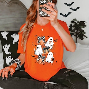Girly Halloween Ghost Shirt, Pink Pumpkin Ghost T-Shirt With Bows And Coffee, Cute Fall Spooky Season Sweater, Halloween Sweatshirt