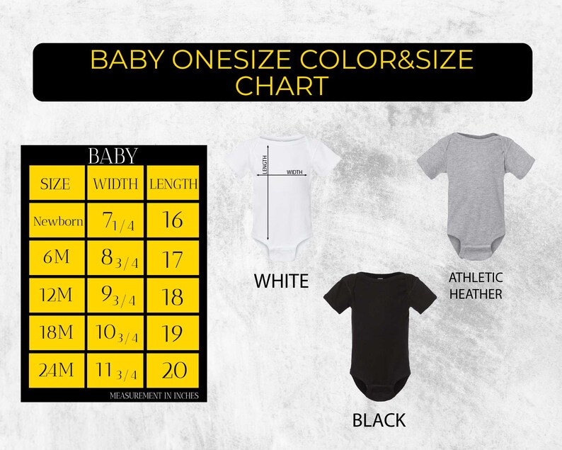 a baby onesie color and size chart is shown