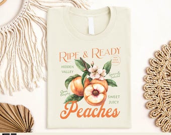 Camiseta de melocotón maduro, suéter vintage de frutas botánicas, camiseta gráfica de melocotón fresco de granja, sudadera de mercado de agricultores con estilo cottagecore