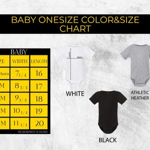 a baby onesie color and size chart is shown