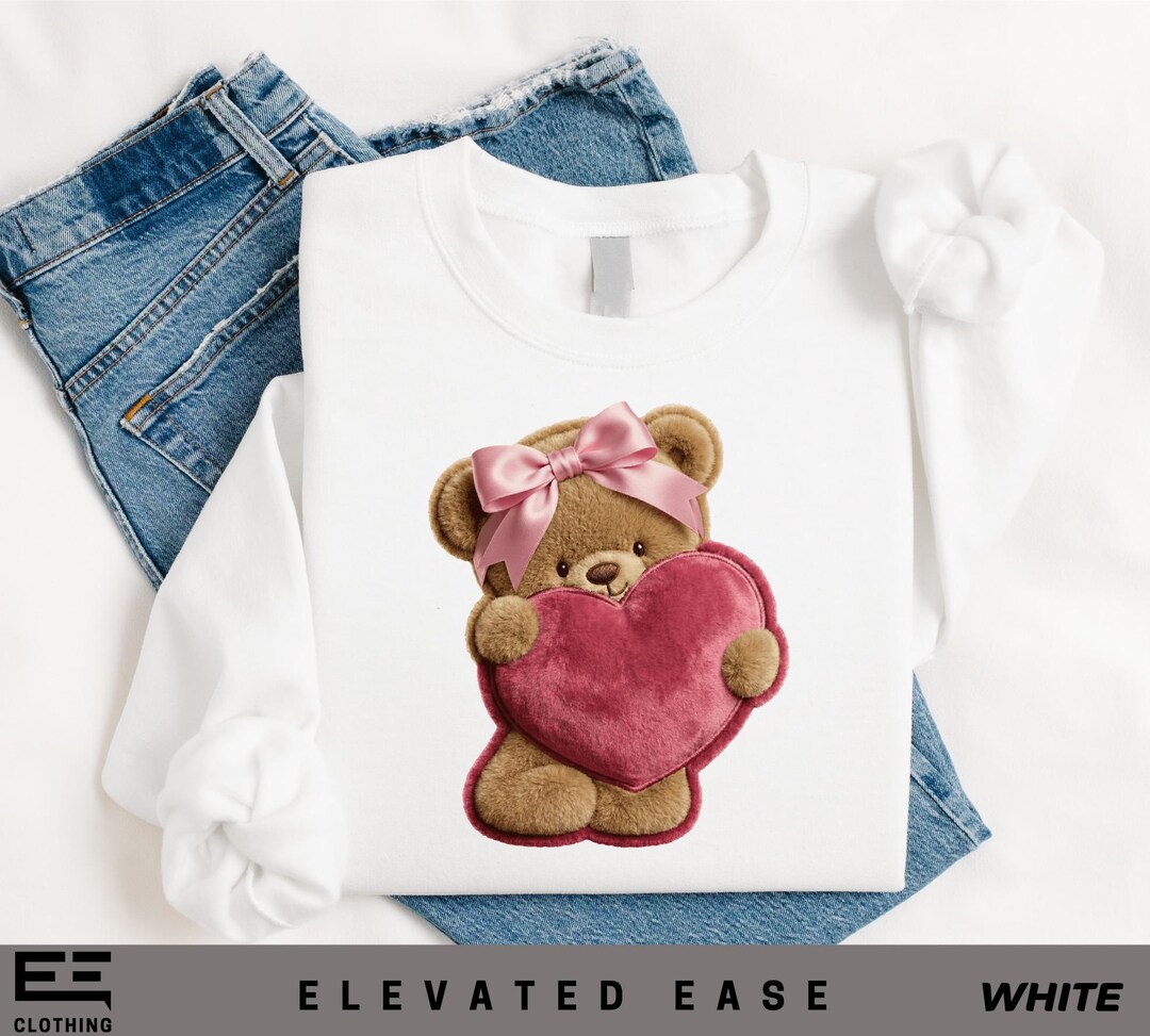 Cute Valentine Teddy Bear Heart Shirt, Plush Bear Pink Bow Graphic Tee ...