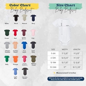 The image is a color chart and size chart for a baby bodysuit, displaying various color options and corresponding measurements.