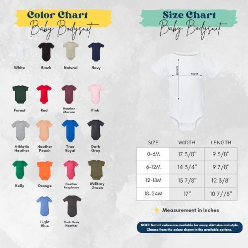 The image is a color chart and size chart for a baby bodysuit, displaying various color options and corresponding measurements.