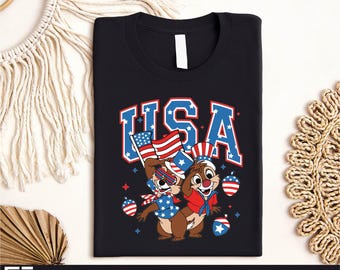 Chip and Dale USA T-Shirt, Patriotic Disney 4th of July Tee, Red White Blue American Flag Shirt, Independence Day Cartoon Sweatshirt