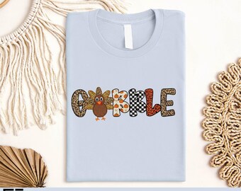 Gobble Patchwork Thanksgiving Shirt, Cute Turkey Graphic Tee, Fall Harvest Autumn Leopard Print Sweatshirt, Retro Plaid Gobble T-Shirt Gift