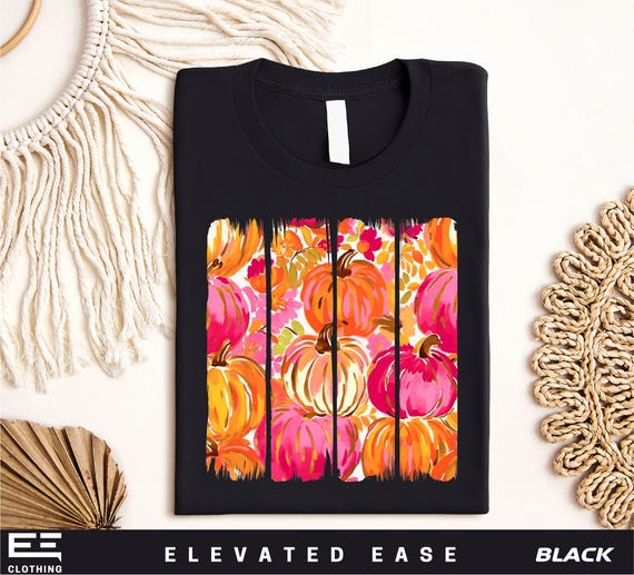 Pumpkin Patch Shirt, Bright Fall Pumpkin Tee, Pink and Orange Autumn T-Shirt, Vibrant Harvest Season Shirt, Light Blue Fall Aesthetic Tee
