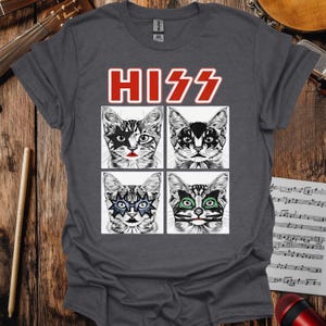 Hiss T-shirt, Funny Cat Shirt, Cat rock band tee, funny black cat shirt, rock and roll tee, music shirt, cat meme huh shirt, guitar shirt