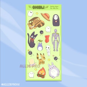 May include: A sticker sheet featuring various characters from Studio Ghibli films. The sheet includes images of Totoro, No-Face, Jiji the cat, and other iconic characters. The sheet has a green background with the word "GHIBLI" at the top.
