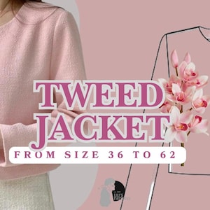 May include: A pink tweed jacket with gold buttons. The text "Tweed Jacket from size 36 to 62" is displayed below the image.
