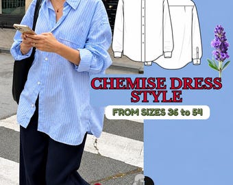 Op de afbeelding: Een lichtblauw en wit gestreept overhemd met kraag, lange mouwen en borstzak. De afbeelding bevat een technische lijntekening van het overhemd, een takje lavendel en de tekst "CHEMISE DRESS STYLE FROM SIZES 36 to 54" op een blauwe achtergrond.