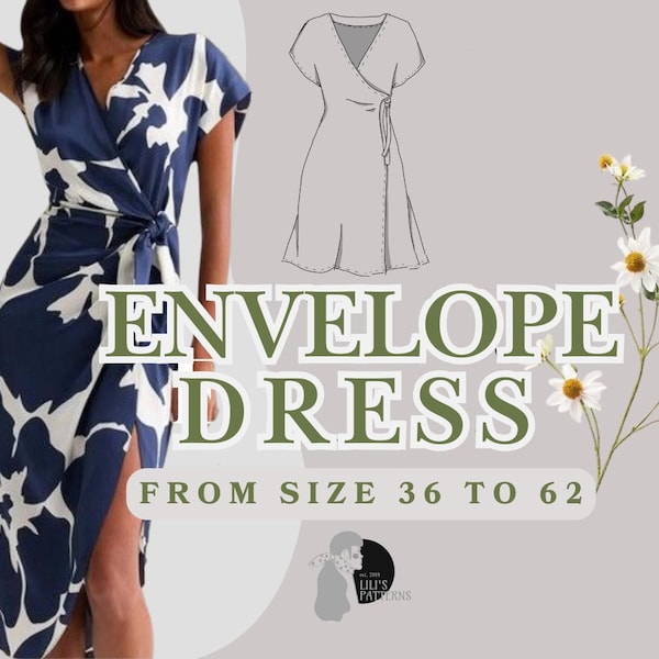 May include: A navy blue and white floral wrap dress with short sleeves and a side tie closure. The image includes a line drawing of the dress, a floral illustration, and the text ENVELOPE DRESS FROM SIZE 36 TO 62, along with a small circular logo.